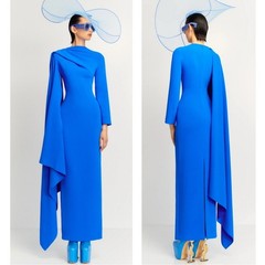 Solace London Lydia Asymmetric Draped Ruched Long Sleeve Blue Maxi Dress Sz 2