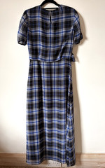 Maje Side-Ruched Plaid Tartan Blue and Navy Long Dress Ruffle UK size 10