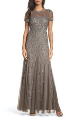NEW $318 Adrianna Papell [ 8 ] Cap Sleeve Beaded Mesh Gown in Lead #M5