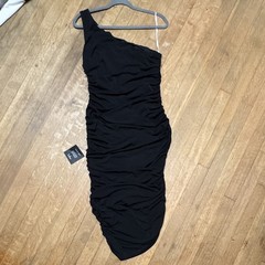 Lulus Black One Shoulder Ruched Bodycon Midi Dress Women’s L Solid Sleeveless