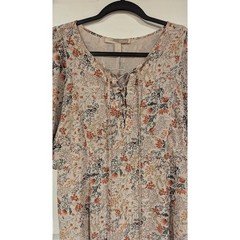 Forever 21 Contemporary Floral Boho Maxi Dress Lace Up Flutter Sleeve Cream L