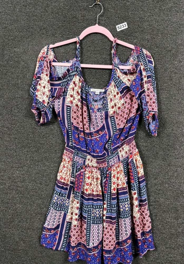 American Eagle Mini Dress Size M Patchwork Multicolor Cold Shoulder Keyhole Neck