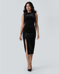 HALARA Women’s Split Ruched Cowl Neck Bodycon Velvet Midi Black Dress NWT- Large
