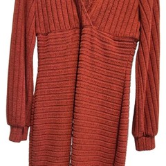 Women’s Orange Solid Ribbed Knit V-Neck Long Sleeve Stretch Midi Sweater Dress