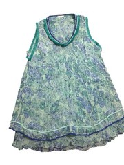Silk Poupette St Barth Sasha Mini Dress Medium Teal Floral Fringe Sleeveless