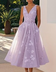 Women Sleeveless V Neck Floral Midi Dress Wedding Guest Formal Evening Gown