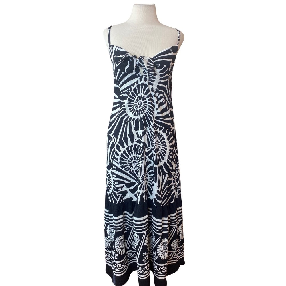 Sofia Nautical Shell Print Maxi Dress Black White Tie Front Smocked Back N Sz