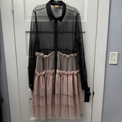 Love Highlight Sheer Mesh Tiered Ruffle Shirt Dress Black Pink 3XL