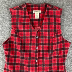 Vintage Eddie Bauer Button Front Shift Dress Womens 12P Red Plaid Wool Nylon