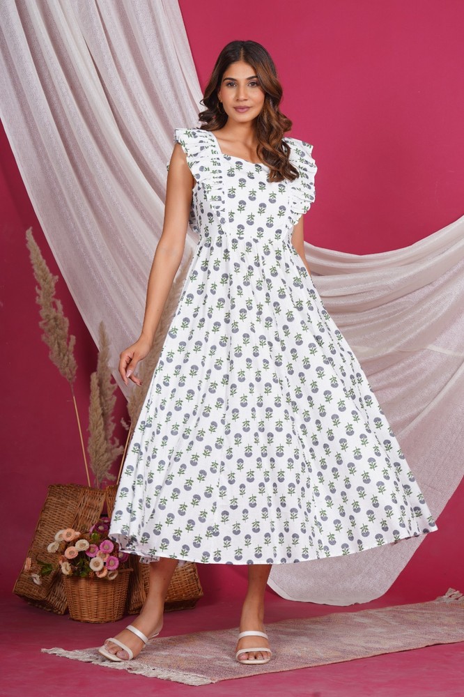 Hand Block Printed Cotton Flared Midi Dress Wide Frill Sleeve Dress with Lining