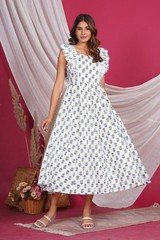 Hand Block Printed Cotton Flared Midi Dress Wide Frill Sleeve Dress with Lining