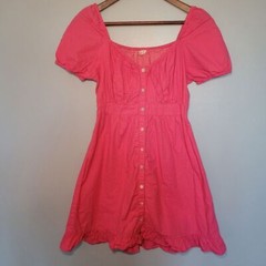 Sim & Sam Poplin Puff Sleeve Square Neck Button Down Pink Dress Size M Cotton