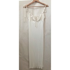 SHEIN Ribbed Tie Ruched Bust Midi Slip Dress Women M Cream Milkmaid Coquette