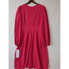 London Times Raspberry Pink Eyelet Lace Fit Flare Dress Keyhole Long Sleeve Sz 8