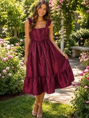 Lulus Size Medium Poised Passion Wine Red Taffeta Pleated Ruffled Midi Dress