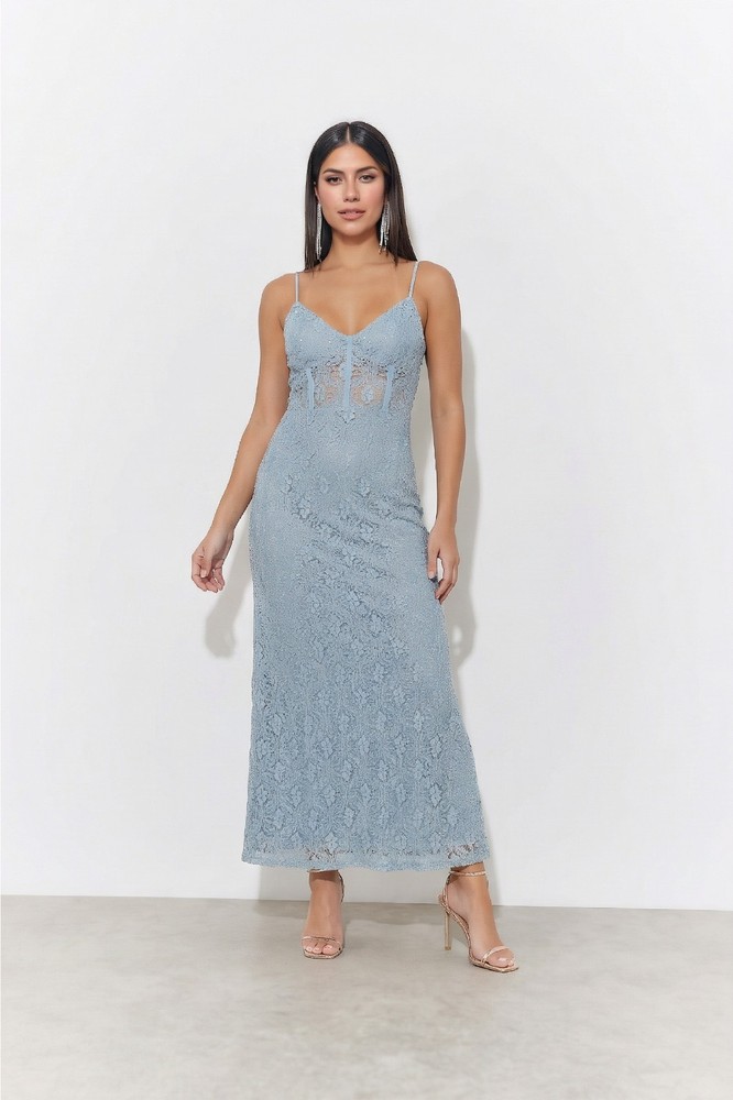 ASTR The Label Dress Womens S Dusty Blue Lace Spahetti Strap Lined Maxi NEW