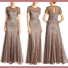 NEW $318 Adrianna Papell [ 8 ] Cap Sleeve Beaded Mesh Gown in Lead #M5