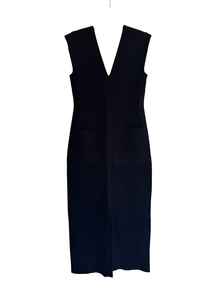 Scanlan Theodore Crepe Knit Midi Dress Size L 12 AU 8 US Navy V-Neck Pockets