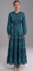 Luxury Modest Teal Floral Embroidered Maxi Dress Lace Trim Long Sleeve Boho