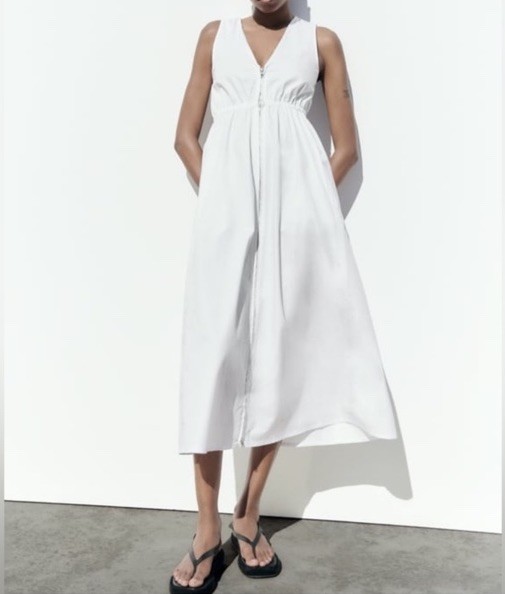 Zara Women Midi Dress White Front Full Zipper Sleeveless Side Pockets SizeL NWT