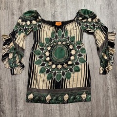 Voom Joy Han Silk Blouse Womens S Boho Off Shoulder Green Y2K Peasant Top