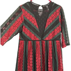 Xhilaration Womens Dress Red Green Lace 3/4 Sleeve Keyhole Back Boho ArtsyLarge