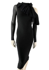 FUZZI Asymmetrical Cold-Shoulder Ruffle Midi Sheer Tulle Black Sheer Dress Small