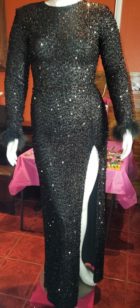 Women’s Black Solid Sequin Long Gown Maxi Dress Long Sleeve Feather Cuffs Lined
