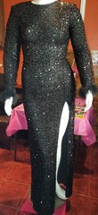 Women’s Black Solid Sequin Long Gown Maxi Dress Long Sleeve Feather Cuffs Lined