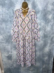 New TU Blue Pink Print Long Sleeve Flowy Long Chiffon Dress Size 14 Summer Beach