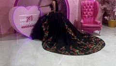 Quinceañera Black Tulle Strapless Sweetheart Red Floral Embroidered Long Gown