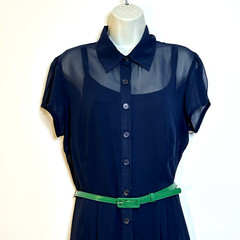 MSK Sheer Navy Blue Green Button Down Rockabilly Pinup Girl Dress Women&rsquo;s 12