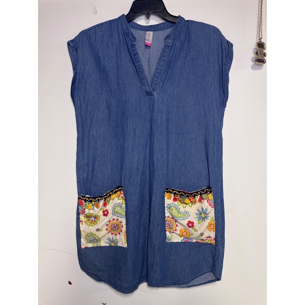 No Boundaries Blue Chambray Denim Boho Tassel Floral Pocket Tunic Dress L/XL
