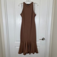 7 For All Mankind Dress Brown Ribbed Sleeveless Flounce Hem Trumpet Midi L