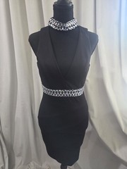 Honey and Rosie Black Bodycon Sheath V-Neck Knee Dress Rhinestone/Beaded S