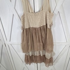 Angie Beige/Brown Solid Chiffon Fit & Flare Dress V-Neck Sleeveless S
