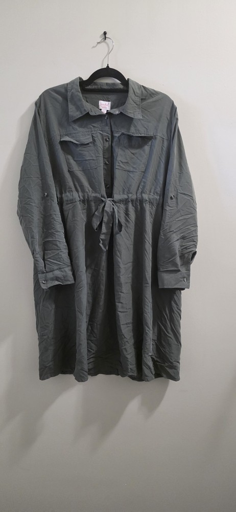 Isabel Maternity Button Down Utility Shirt Dress Olive Green XXL 2X #A97