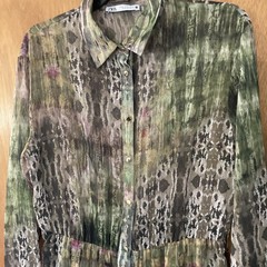 Zara Maxi Shirt Dress Green Metallic Thread Animal Print Gold Buttons Size M