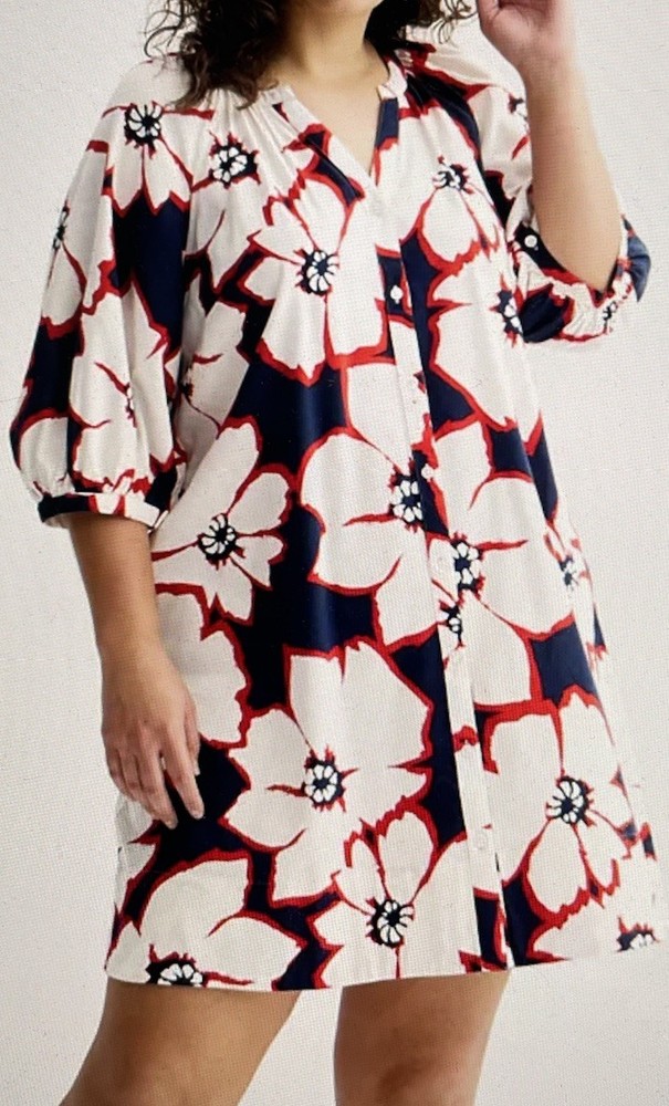 New Sonoma Shift Dress Womens 3X floral Button Front elbow sleeve mini blue red