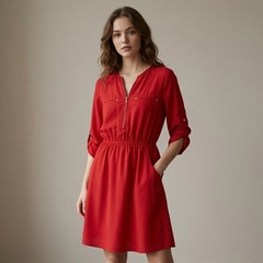 Speed Control Red Zip Front Roll Tab Sleeve Dress Elastic Waist Size S