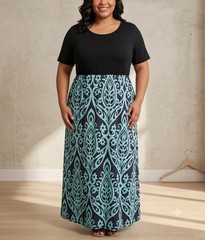 NWT Kancystore Plus Size 4XL Colorblock Maxi Dress Black & Teal Floral Vacation