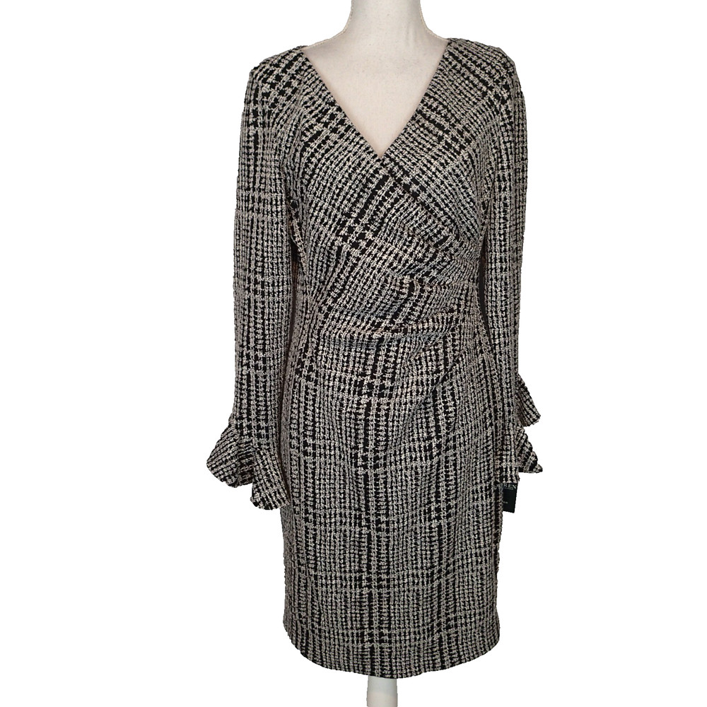 RALPH LAUREN Black white Ruched Ruffled Cuff Plaid Long Sleeve VNeck Size 8