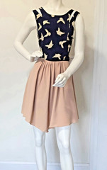 Swallow Bird Print Cutout Cold Shoulder Dress S Navy Beige Indie Flare Mini