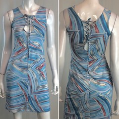 Debut USA Small Blue Striped Sleeveless Lace Up Keyhole Stretchy Sheath Dress