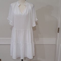 Joy Joy White Tiered V-Neck Ruffle Sleeve Dress