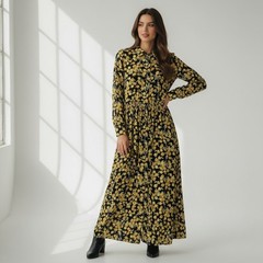 Boden Yellow Floral Black Maxi Shirt Dress Size US 20/22R Long Sleeve Viscose