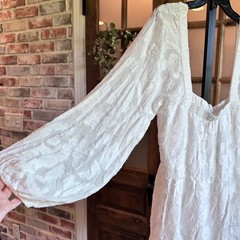 En Creme Mini Dress Women L White Floral Jacquard Tiered Square Neck Long Sleeve