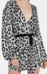 RETROFÊTE Gabrielle Sequin Leopard Print Wrap Dress Silver Black Sz S NWT