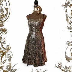 Roberta Gold Disk Sequins Flared Mini Dress 5/6 Vintage 80s 90s Party Prom Glam