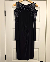CACHÉ Vintage 2013 Black Cold Shoulder Long Sleeve Sparkle Rhinestone Midi Dress